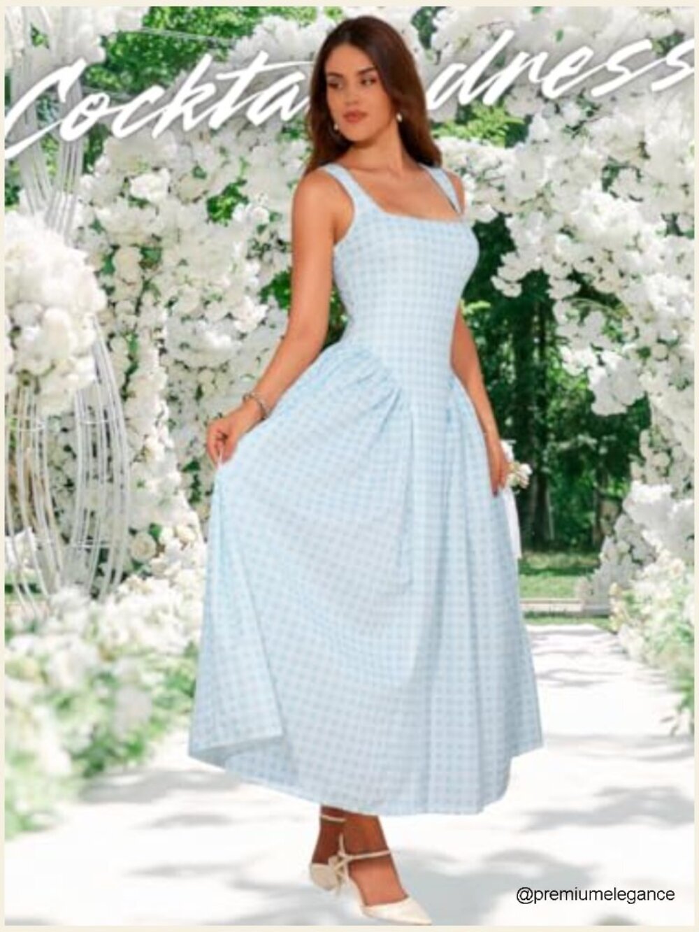 Plaid Maxi Dress, A-Line Drop-Waist, Square Neck, Sleeveless Semi Formal - Picture 2 of 7